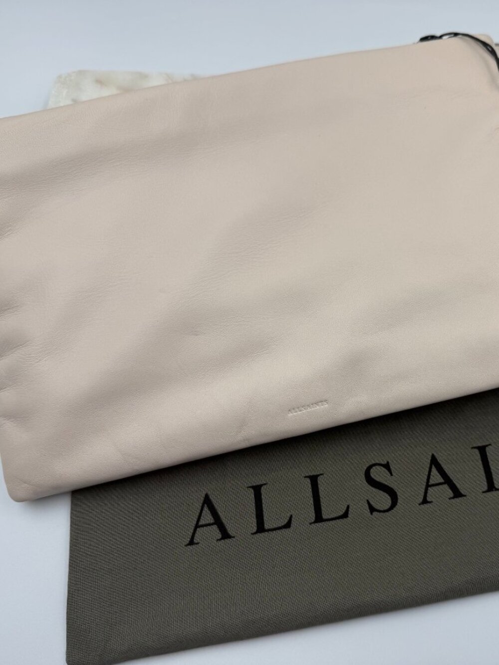 AllSaints Bettina Leather Clutch Desert White W613XD with Dust Bag,NWT $159 MSRP